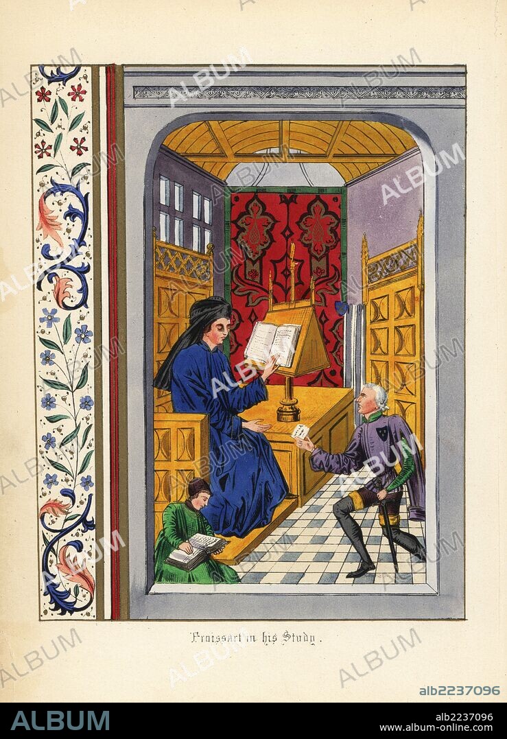 Sir John Froissart (c. 1337 – c. 1405) in his study reading a manuscript on a lectern. Handcoloured lithograph after an illuminated manuscript from Sir John Froissart's "Chronicles of England, France, Spain and the Adjoining Countries, from the Latter Part of the Reign of Edward II to the Coronation of Henry IV," George Routledge, London, 1868.