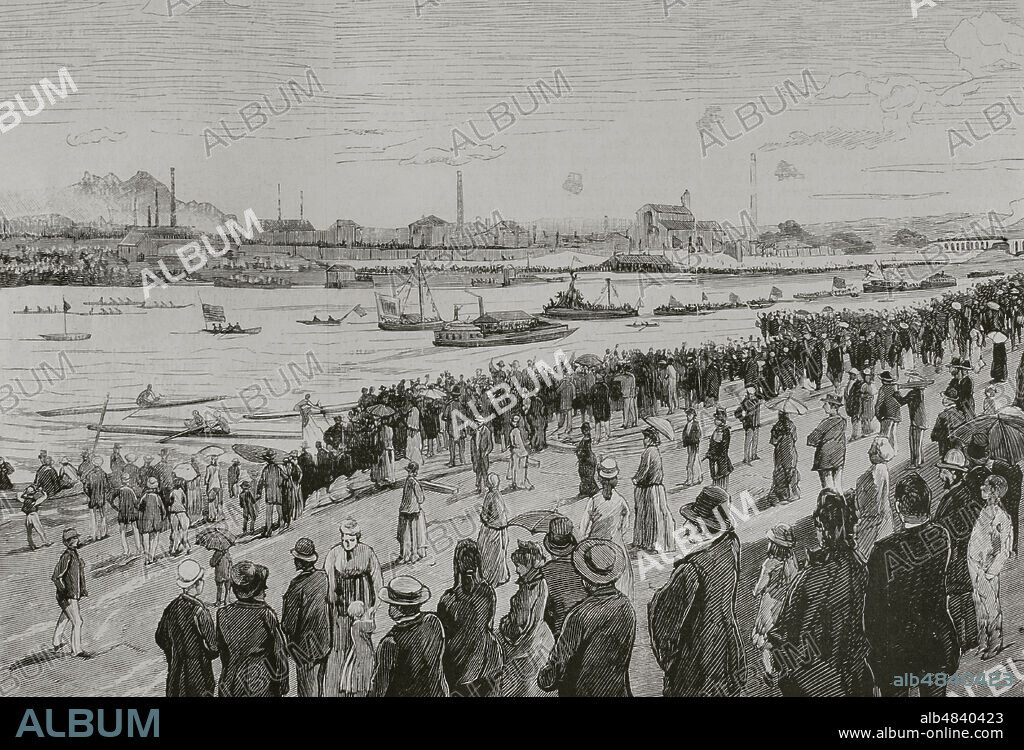 BERNARDO RICO (1825-1894). SPANISH PAINTER AND ENGRAVER. JOSE LUIS PELLICER Y FENYE (1842-1901). SPANISH ARTIST.. France, Paris. Universal Exhibition of 1878. It was held from May 1 to November 10, 1878. International regattas festival on the Seine, 18 August 1878. Drawing from life by Pellicer. Engraving by Rico. La Ilustración Española y Americana (The Spanish and American Illustration), 1878.