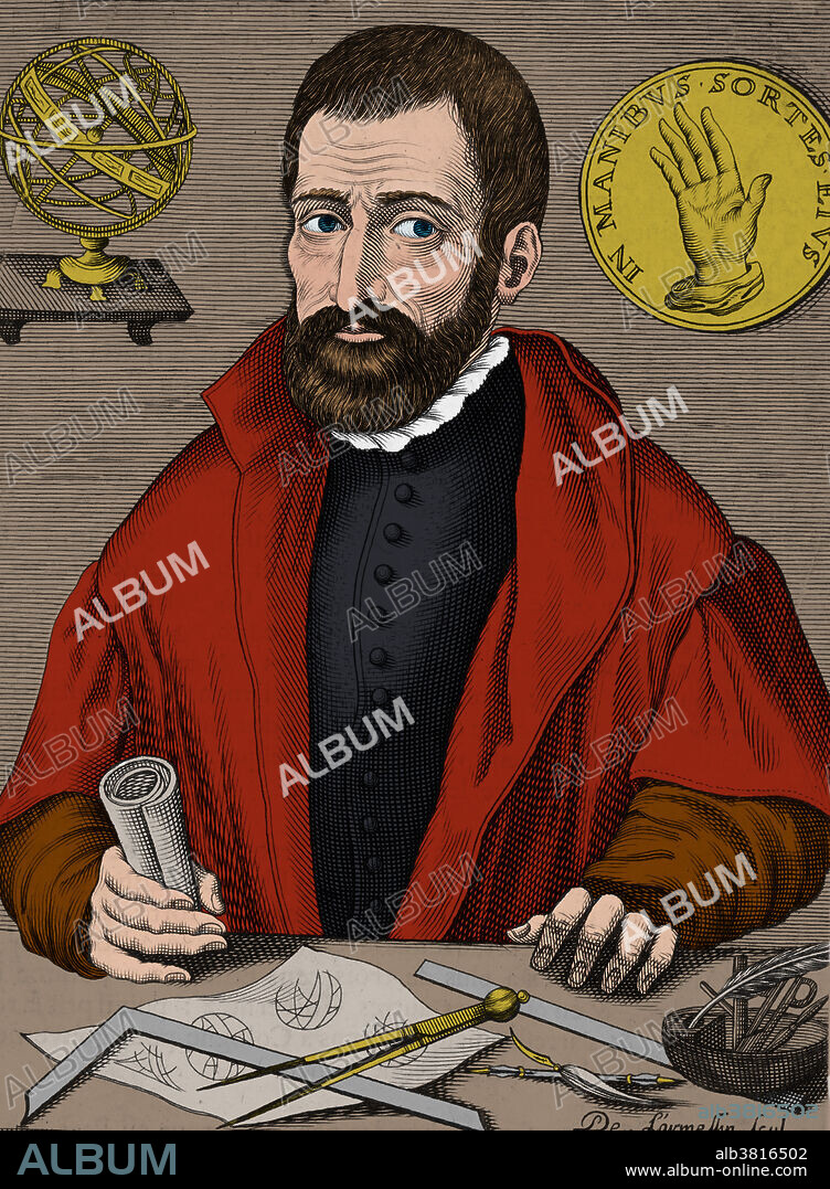 Jean Taisnier (1508-1562), Belgian mathematician. Taisnier published on a wide range of topics, including the physics of falling bodies, magnetism, perpetual motion, astronomy, and mathematics. Here he is shown with geometry tools on the table and an armillary sphere at upper left.