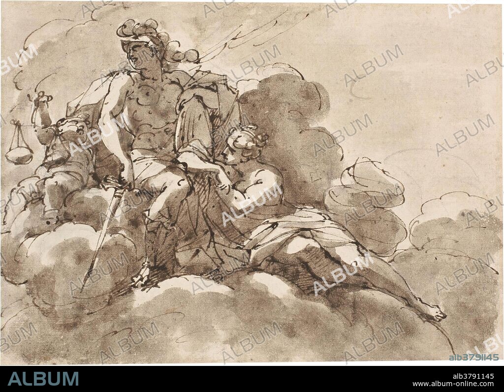 Filippo Pedrini / 'Alegoría de la Justicia'. Siglo XVIII. Aguada parda, Pluma sobre papel agarbanzado, 160 x 221 mm.