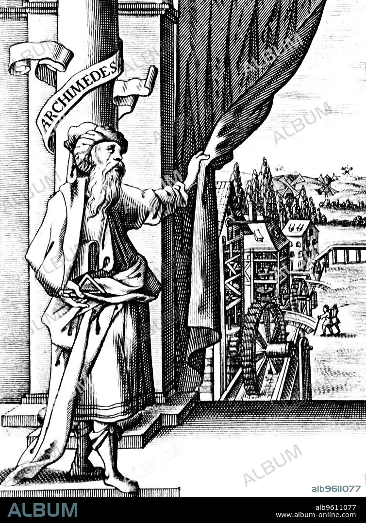 Archimedes (c287-212 BC), Ancient Greek mathematician and inventor. Archimedes drawing back a curtain to reveal various mechanical devices such as waterwheels and windmills and the machinery inside them. Born in Syracuse on the island of Sicily, Archimedes is one of the most celebrated scientists of the ancient world. His major contribution to mathematics was his discovery of formulae for the areas and volumes of spheres, cylinders, parabolas and other plane and solid figures. The methods he used anticipated the theories of integration that were developed 1800 years later. He also pioneered the science of hydrostatics, the study of the pressure and equilibrium of fluids. Archimedes is probably most famous for his shout of 'Eureka' when he realised that the level of water in his bath rose when he got into it. The Archimedean screw developed by him as a means of raising water is still used for irrigation purposes today. From the title page of Theatrum machinarum novum by Georg Andreas Bockler.