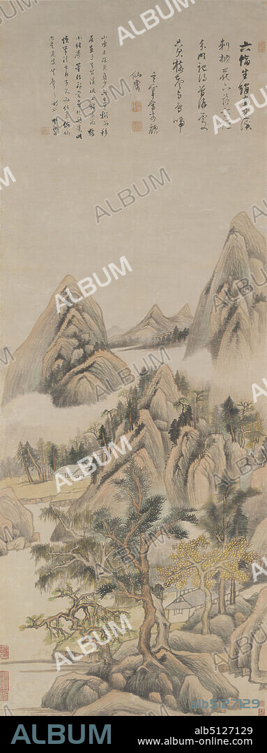 Artist: Dong Qichang, Chinese, 15551636, Reminiscence of Jian River, ca. 1621, Hanging scroll: ink and color on paper, without mounting: 49 5/16 × 18 9/16 in. (125.3 × 47.1 cm), Dong Qichang constructed this landscape around a powerful sense of movement that begins with the twisted evergreen that dominates the foreground and thrusts upward into the conical hills above. The pronounced diagonal slope of the hills, trees, and buildings at the upper left provides a dynamic counterforce to the vertical composition. This contrastvertical against diagonal, straight against twistedis continued throughout the composition and seems to reflect a long-standing involvement with a constructivist approach to landscape that Dong derived from Huang Gongwang, a Yuan dynasty master. Dongs forceful landscape paintings were paralleled by equally forceful critical writings on art, allowing him to dominate the history of later Chinese painting. , China, Chinese, Ming dynasty (13681644), Paintings.