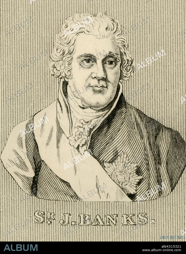 'Sir J. Banks', (1743-1820, 1830. Sir Joseph Banks (1743-1820) English naturalist, botanist, and patron of the natural sciences, took part in Captain James Cook's first great voyage (1768-1771) and advised King George III on the Royal Botanic Gardens, Kew, .  From "Biographical Illustrations", by Alfred Howard. [Thomas Tegg, R. Griffin and Co., J. Cumming, London, Glasgow and Dublin, 1830].