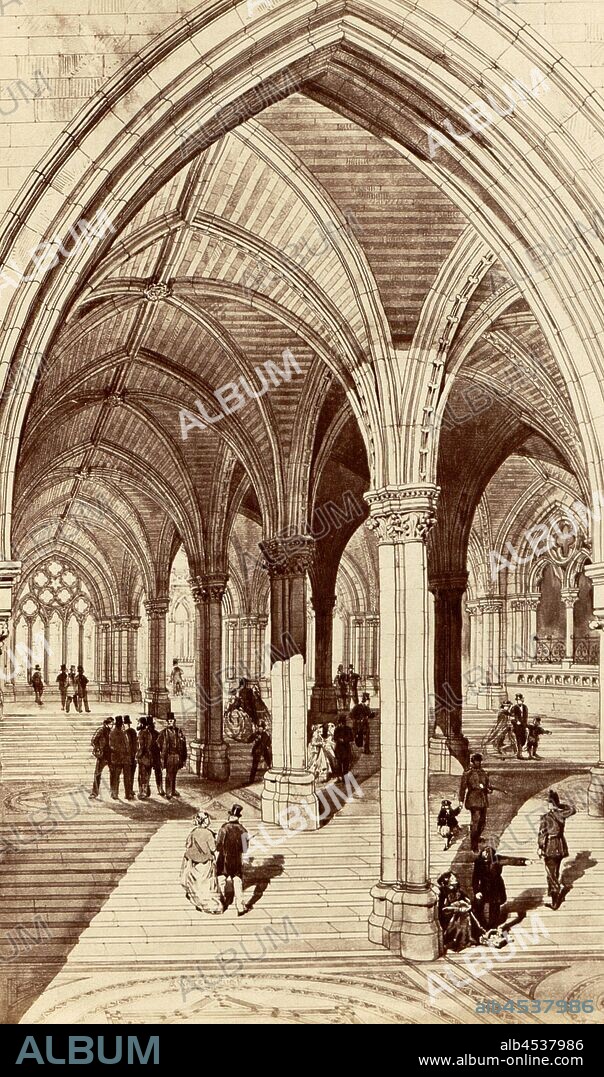 Main Entrance from Strand, Entrance of the Royal Courts of Justice in London to Alfred Waterhouse's plan, Taf. XXVII, after p. 24, Alfred Waterhouse: General description of design: courts of justice competition. London: printed by George E. Eyre and William Spottiswoode: Her Majesty's Stationery Office, 1867.