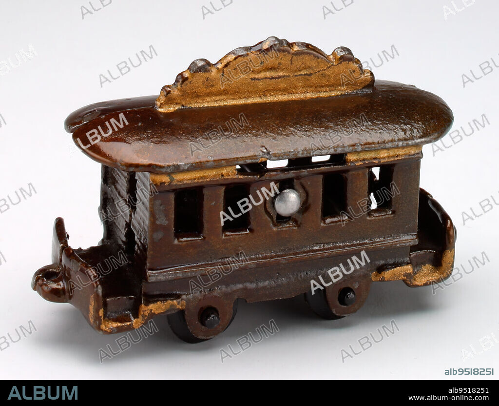 Streetcar' still bank, 1891, Columbia Grey Iron Company, Columbia, Pennsylvania, 2 7/8 x 4 1/2 x 1 1/8 in. (6.67 x 11.27 x 1.43 cm) (side 1)1 11/16 x 1 1/2 x 1 11/16 in. (4.29 x 3.81 x 4.29 cm) (wheel sets)2 9/16 x 1/8 in. (6.51 x 0.32 cm) (screw), Iron, pigment, 19th century.
