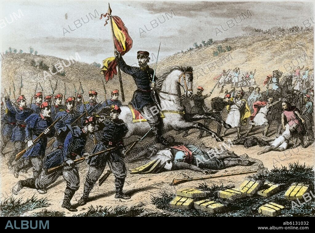 EL GENERAL PRIM EN LA BATALLA DE CASTILLEJOS EL 1 DE ENERO DE 1860 - GRABADO SIGLO XIX.