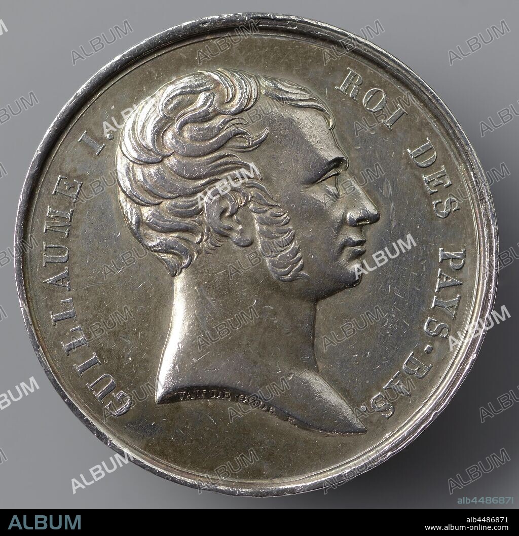Chamber of Commerce in Antwerp, in honor of Willem I Frederik, King of the Netherlands, Silver Medal. Front: man's bust inside the inside. Reverse: river god with rudder and stuffed horn of abundance, leaning on dolphin within an inscription, cut off: year on pennant, signature and opened hand raised, Antwerp, Willem I Frederik (King of the Netherlands), Chamber of Commerce and Factories, Pierre Wautier van de Goor, Brussels, 1815, silver (metal), striking (metalworking), d 3.2 cm × w 14.31 gr.