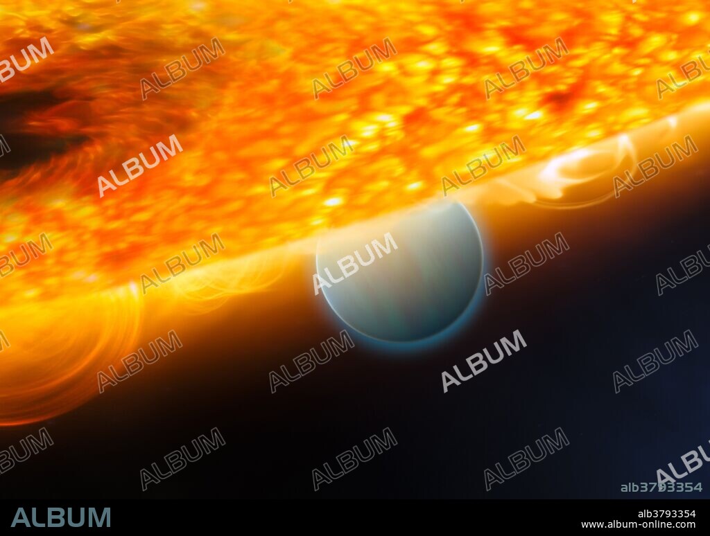 Artist's impression of the Jupiter-size extrasolar planet, HD 189733b, being eclipsed by its parent star. Astronomers using the Hubble Space Telescope have measured carbon dioxide and carbon monoxide in the planet's atmosphere. The planet is a "hot Jupiter," which is so close to its star that it completes an orbit in only 2.2 days. This type of observation is best done when the planet's orbit carries it behind the star (as seen from Earth), which allows an opportunity to subtract the light of the star alone (when the planet is blocked) from that of the star and planet together prior to eclipse. This allows astronomers to isolate the infrared emission of the planet and make spectroscopic observations that chemically analyze the day-side atmosphere. The planet is too hot for life as we know it. But under the right conditions, on a more Earth-like world, carbon dioxide can indicate the presence of extraterrestrial life. This observation demonstrates that chemical biotracers can be detected by space telescope observations. Release date  December 9, 2008.