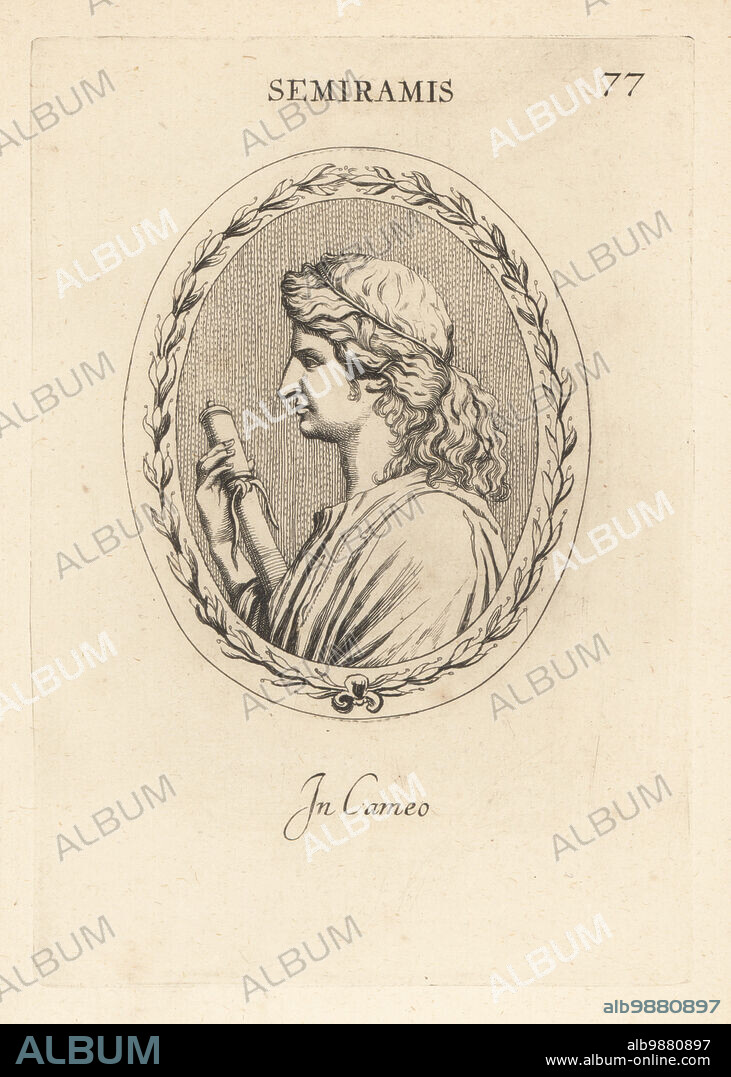 Bust of Semiramis, queen of Assyria. Mythological Lydian-Babylonian wife of Onnes and Ninus.. In profile with her long hair loose, holding a parazonium dagger. Semiramis. In cameo. Copperplate engraving by Giovanni Battista Galestruzzi after Leonardo Agostini from Gemmae et Sculpturae Antiquae Depicti ab Leonardo Augustino Senesi, Abraham Blooteling, Amsterdam, 1685.
