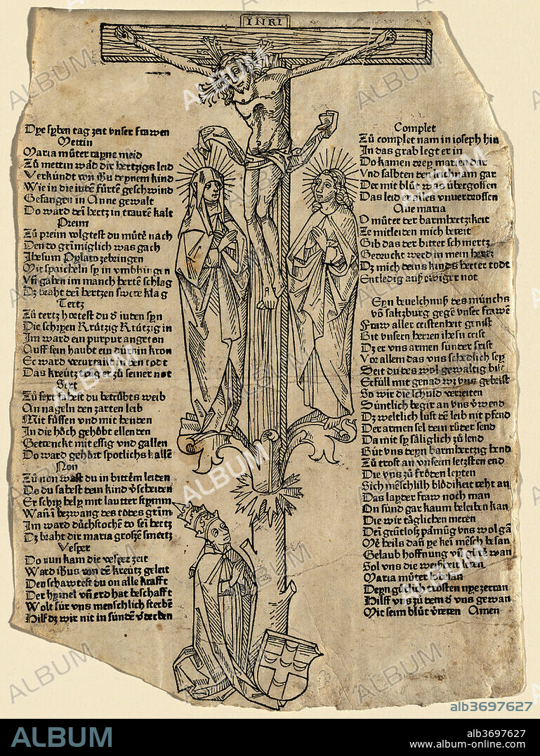 GERMAN 15TH CENTURY. Christ on the Cross with Pope Pius II. Dated: c. 1475. Dimensions: Overall: 36 x 26 cm (14 3/16 x 10 1/4 in.)  overall (external frame dimensions): 59.7 x 44.5 cm (23 1/2 x 17 1/2 in.). Medium: woodcut.
