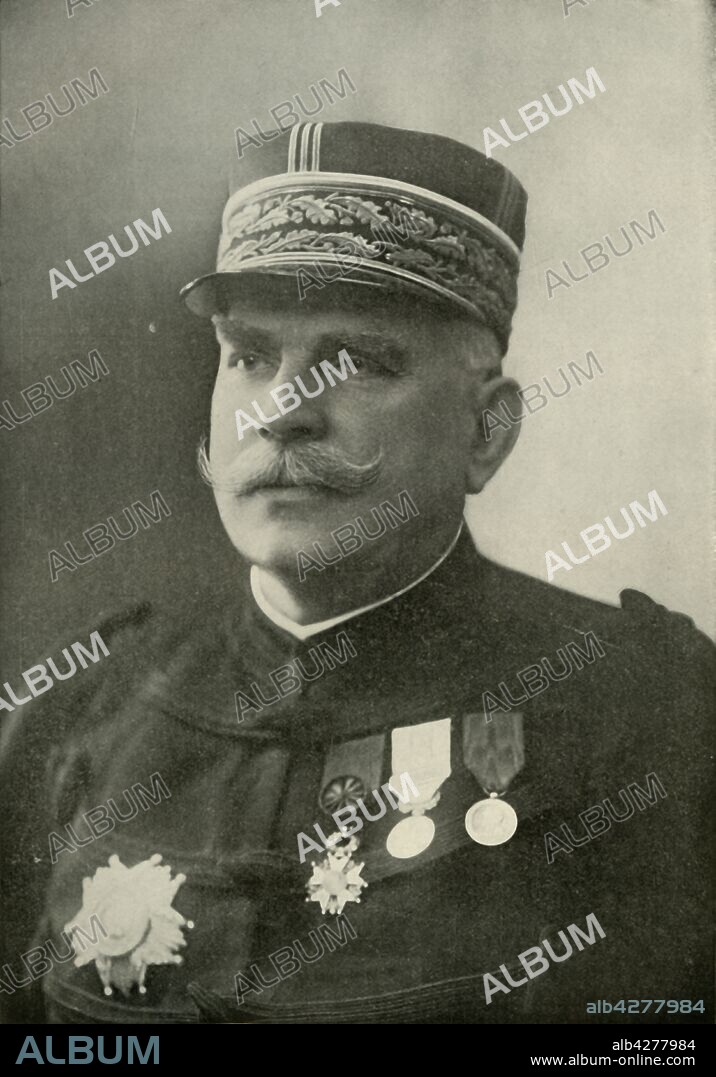 'General Joffre', (1919). Portrait of Joseph Joffre, French First World War general. Joffre (1852-1931) was declared the 'saviour of France' when the German advance was halted at the Battle of the Marne in September 1914. Two years later he was effectively dismissed as Commander in Chief, but such was his public popularity his removal was disguised by appointing him Marshal of France. From "The History of the Great European War: its causes and effects", Vol. I, by W. Stanley Macbean Knight. [Caxton Pulishing Company, Limited, London, 1919].