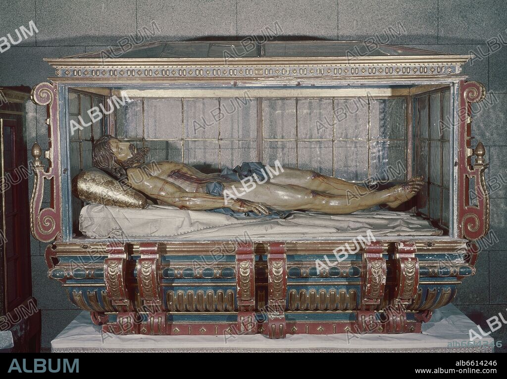 GREGORIO FERNANDEZ. CRISTO YACENTE DENTRO DE LA URNA-S XVII- ESCULTURA BARROCA - MADERA POLICROMADA.