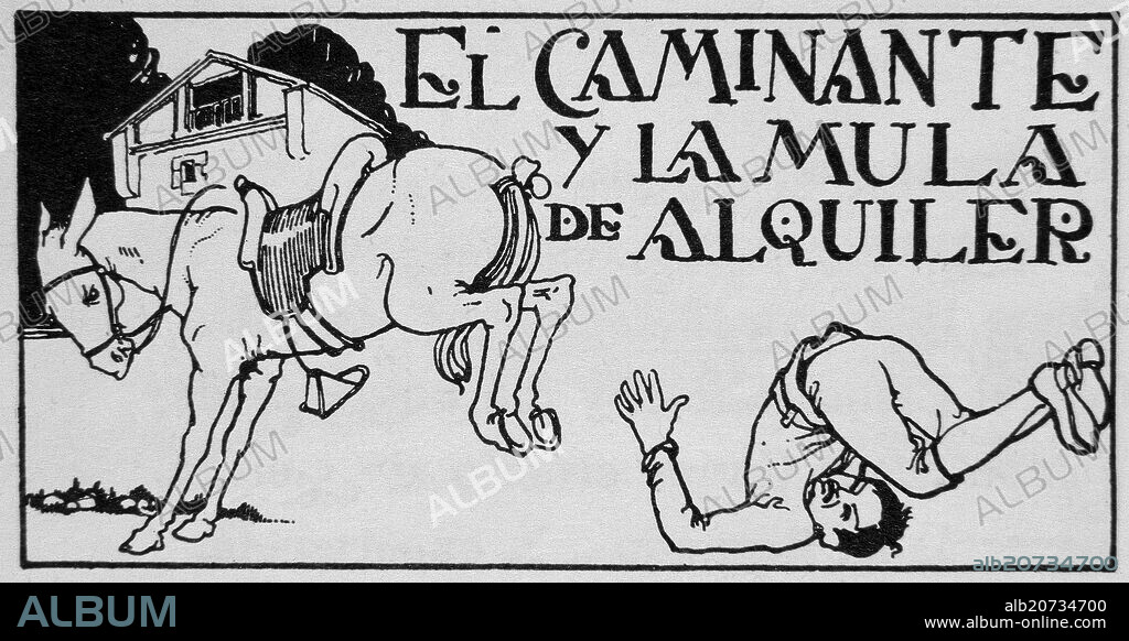 PEDRO MUGURUZA. EL CAMINANTE Y LA MULA DE ALQUILER - DIBUJO PARA LA FABULA DE IRIARTE - 1915.