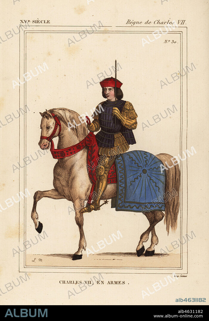 King Charles VII of France, the Victorious, le Victorieux, 1403-1461. He is depicted mounted on a horse in a suit of gold armour covered with a sleeveless cassock. Handcoloured lithograph by Leopold Massard after a miniature in the manuscript Chroniques de Monstrelet in Roger de Gaignieres' portfolio Vi 2 from Le Bibliophile Jacob aka Paul Lacroix's Costumes Historiques de la France (Historical Costumes of France), Administration de Librairie, Paris, 1852.