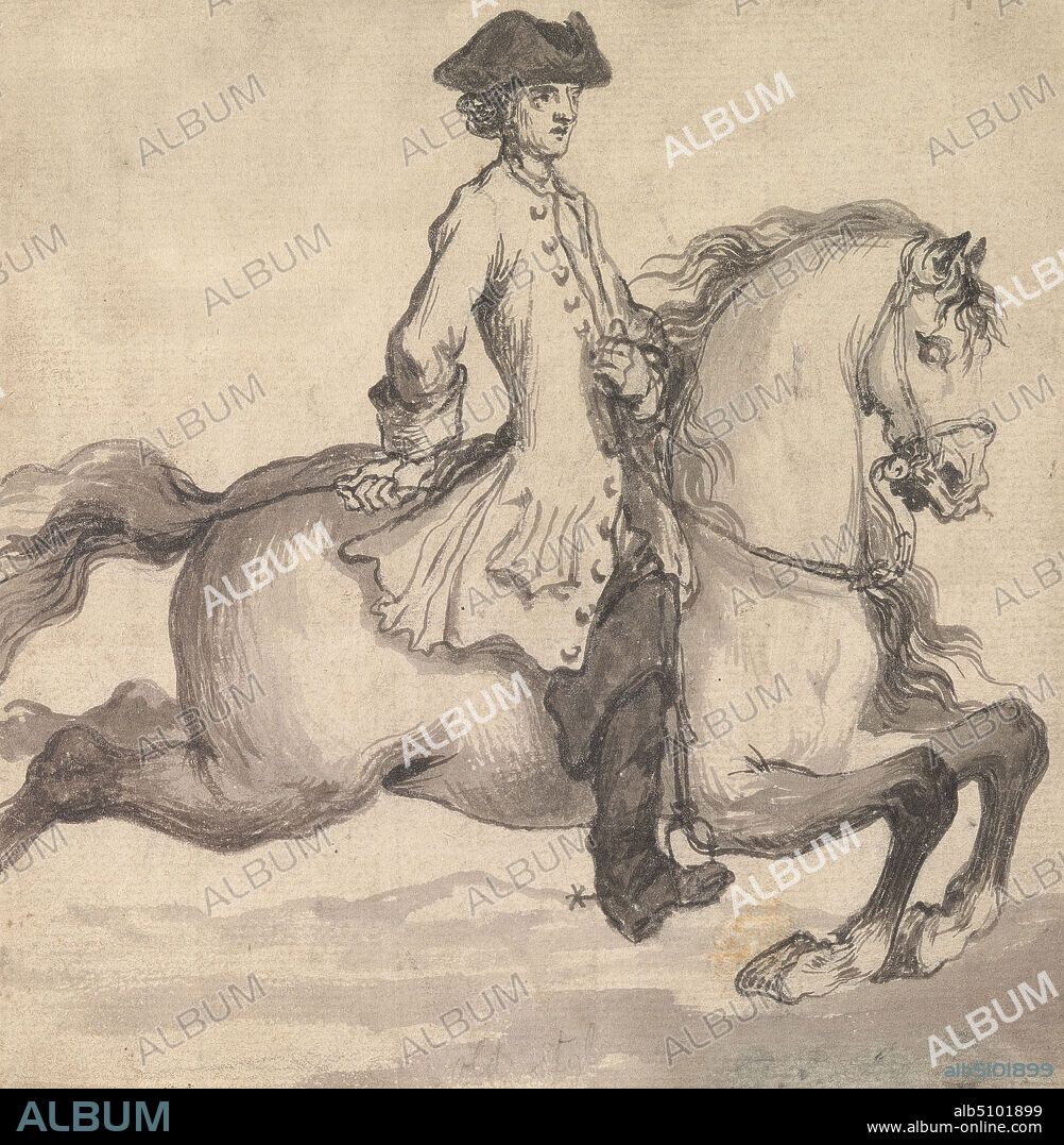 'The Capriole, When He Rises Before & at the Same Time Thro's Out His Hind Legs & Quarters Upon a Strait Line:' Engraved as Plate 25 in 'Twenty Five Actions of the Manage Horse...', John Vanderbank, 16941739, British, 1729, Pen and black ink, gray ink, and gray wash on medium, moderately textured, blued white, laid paper, Sheet: 6 1/8 × 6 inches (15.6 × 15.2 cm), animal art, galloping, genre subject, horse (animal), horseback riders, horseback riding, man, sporting art, tricorn hats.