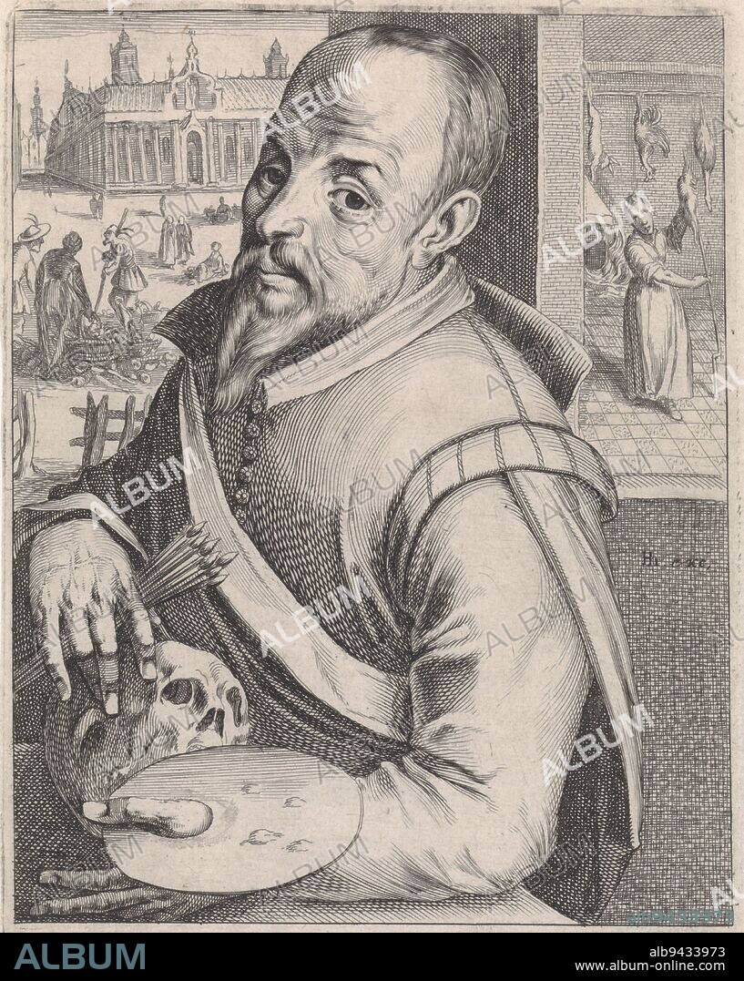 Portrait at half dressed to the left of Joachim Beuckelaer Below the portrait his name and four lines in Latin Print from part 2 of the series Pictorum Aliquot Celebrium Praecipuae Germaniae Inferioris Effigies Series of 72 artist portraits produced by Hendrick Hondius I, Simon Frisius, Andries Jacobsz Stock and Robert de Baudous, Portrait of Joachim Beuckelaer Ioachimus Bueckelaer, Antverp Pictor Portraits of famous painters from the Low Countries Pictorum aliquot celebrium praecipuae Germaniae Inferioris effigies , print maker: Simon Frisius, publisher: Hendrick Hondius (I), (mentioned on object), The Hague, 1610, paper, etching, engraving, h 197 mm × w 124 mm.