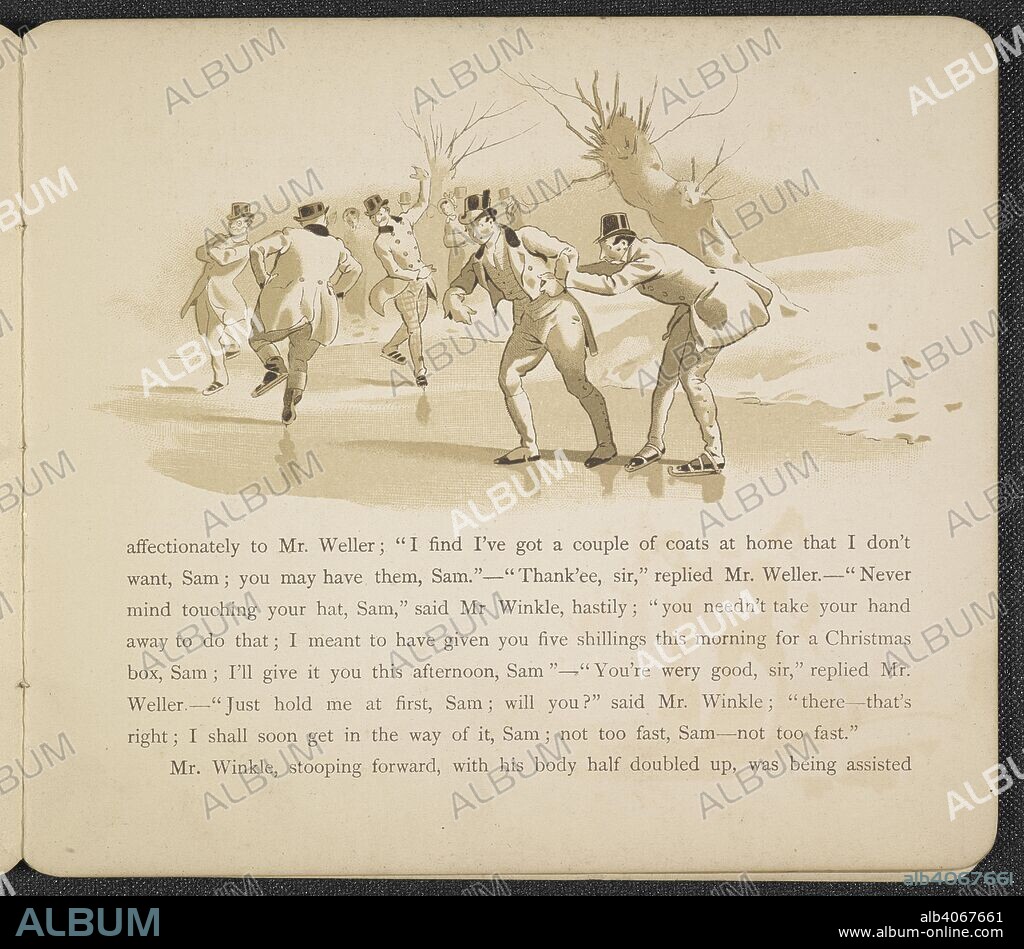 CHARLES DICKENS. Mr Pickwick and several men ice skating. Christmas at Manor Farm : from â€œThe Pickwick Papersâ€ / illustrated by W. J. Hodgson. London ; Belfast ; New York : Marcus Ward & Co., [ca. 1890]. Source: RB.23.a.13866 page 5.