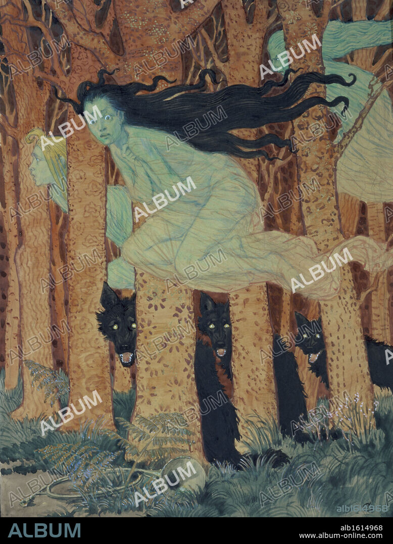 Three Women and Three Wolves   (Trois Femmes et Trois Loups)   Eugene Samuel Grasset (1841-1917/French)   Musee des Artes Decoratifs, Paris.