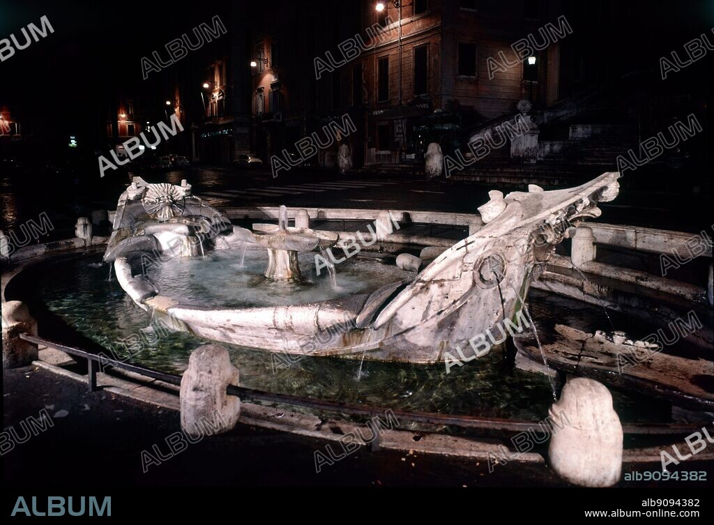 The Waters of Rome by H. V. Morton. La Barcaccia in the Piazza di Spagna. Pl. 4, p. 44. In the Piazza at the base is the Early Baroque fountain called the Barcaccia ("The Ugly Boat"), often credited to Pietro Bernini, father of a more famous son Gian Lorenzo Bernini, who collaborated to the decoration. According to a legend, Pope Urban VIII had a fountain put in the place as he had been impressed by a boat brought here by a flood of the Tiber river. ©TopFoto.