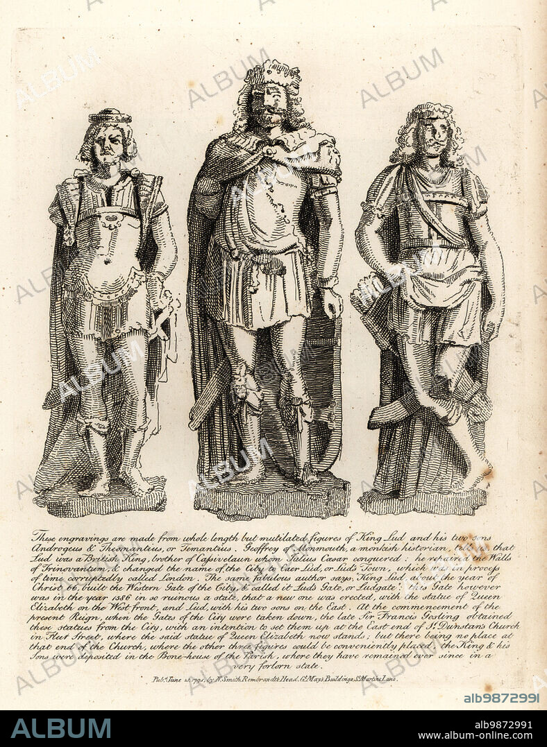 British King Lud and his sons Angrogeus and Theomantius (Temantius), repairer of the walls of Trinovantum, later Caer Lud or Luds Town, 66AD. Copperplate engraving by John Thomas Smith after original drawings by members of the Society of Antiquaries from his J.T. Smiths Antiquities of London and its Environs, J. Sewell, R. Folder, J. Simco, London, 1795.