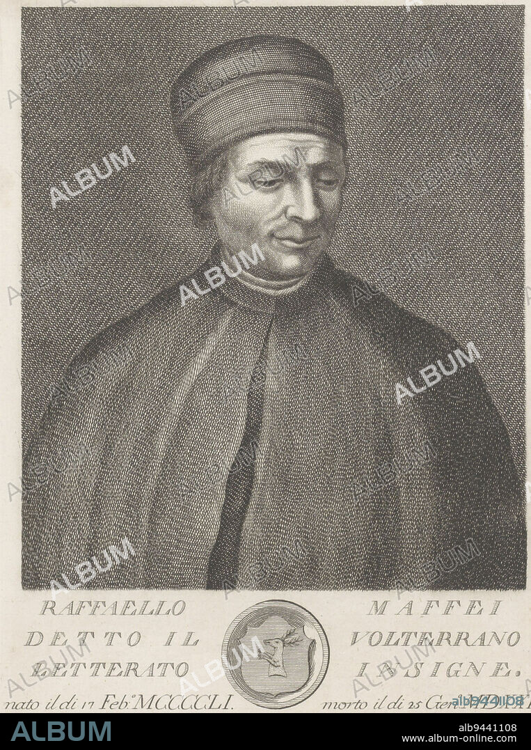 Portrait of Raffaello Maffei Below the portrait a text in Italian and a coat of arms in a circular frame, Portrait of Raffaello Maffei Portraits of famous Italians with coat of arms in lower margin , print maker: Francesco Allegrini, (mentioned on object), intermediary draughtsman: Giuseppe Zocchi, (mentioned on object), Italy, 1763, paper, engraving, h 295 mm × w 200 mm.