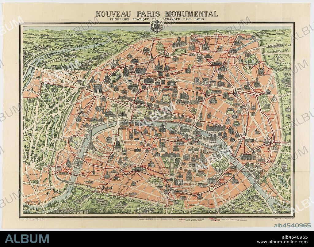 Map - 'Nouveau Paris Monumental', World War I, 1916-1919, Folding tourist map of Paris, double-sided, in a red cardboard cover, printed by Dufrénoy. It is described (in French) as providing a practical itinerary for visitors. It was probably purchased during World War I. The map was donated by John Lord (World War I service # 6252), who donated sizeable collection of significant World War I to Museum Victoria including six photograph albums containing.
