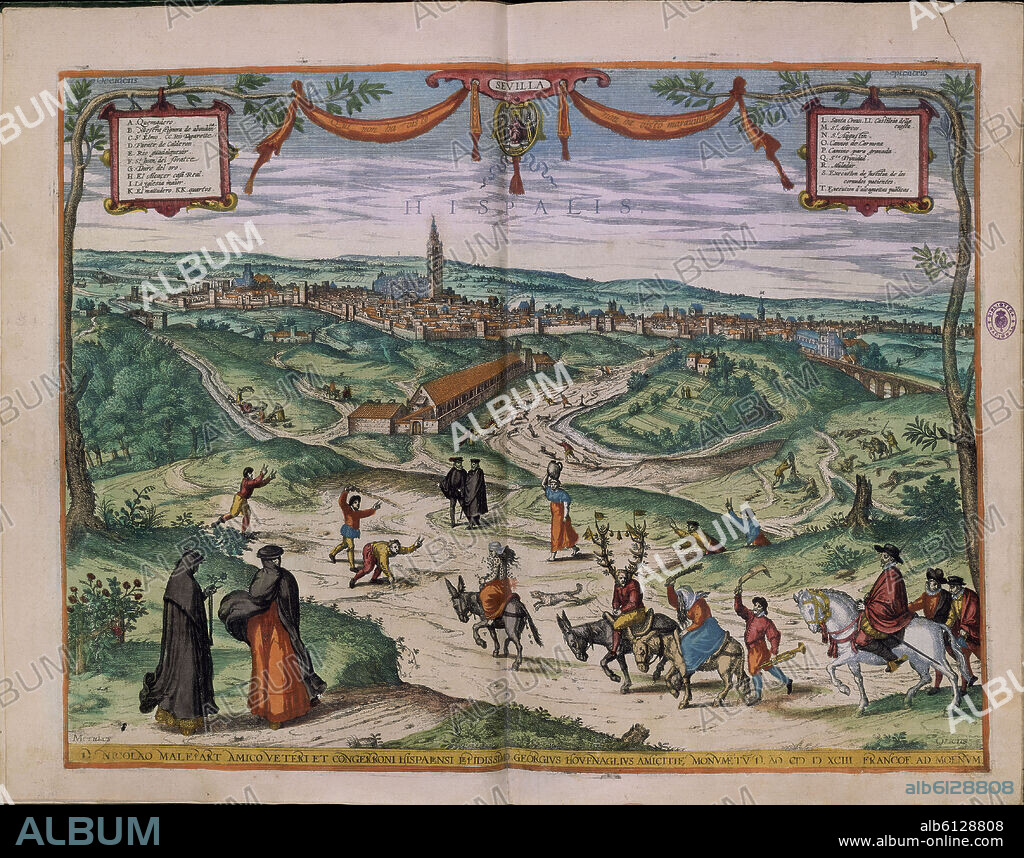 GEORG BRAUN 1541-1622 / FRANS HOGENBERG. CIVITATES ORBIS TERRARUM - SEVILLA - MURALLAS DE SEVILLA CON SUS TORRES ALBARRANAS - GRABADO - 1593.