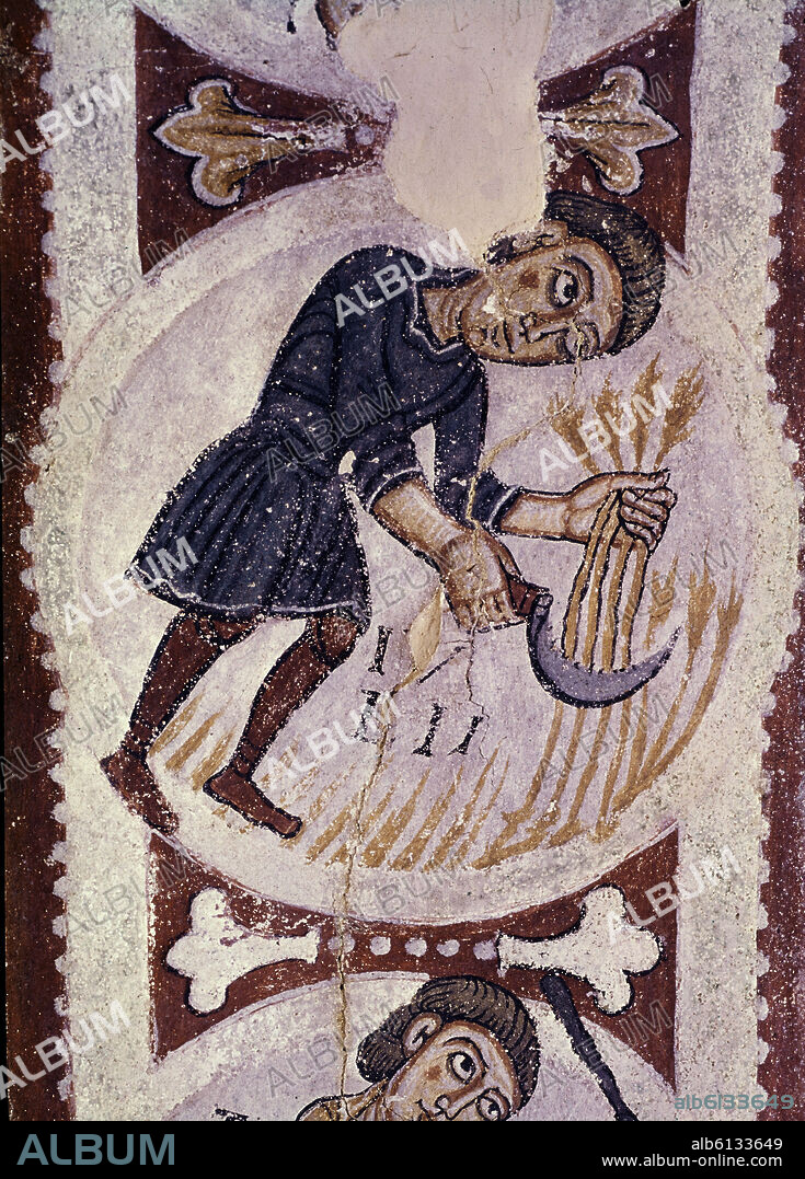 PANTEON REAL-PINTURA ROMANICA-CALENDARIO AGRICOLA-JULIO-LABRADOR SIEGA EL TRIGO-AÑO 1160/1170.