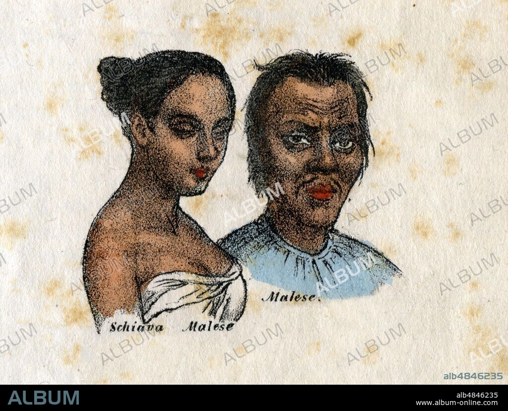 HUMAN RACES 'Brown or Malay breed Dark-colored, curly hair, high forehead, short and sometimes crushed nose, very large mouth, somewhat protruding upper jaw, beautiful shapes, complex and medium stature'. Original caption drawn up according to the nineteenth-century concept of 'race', which although it remains in the common language is considered scientifically overcome in the late following century, and better defined by the term considered even more politically correct than 'ethnicity' or 'phenotype', depending on the context. Detail from table V, 'Overview of all the races of the globe and their style of dressing', from 'La Geografia at a glance', Lithograph Corbetta, Milan, 1853.