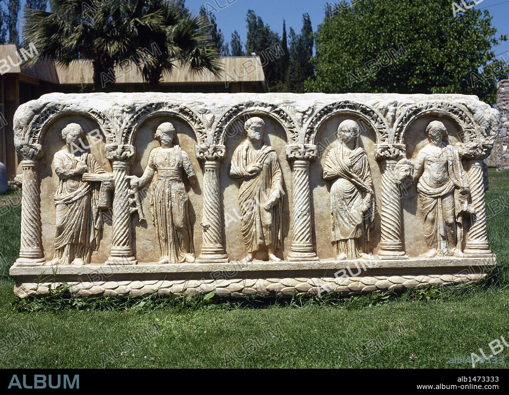 Sarcophagus depicting Greek muses playing musical instruments. One holds a theatrical mask. Aphrodisias. Turkey.