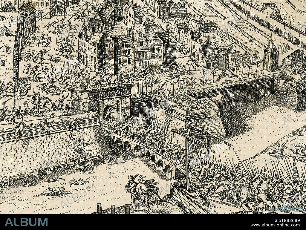 GUERRA DE LOS OCHENTA AÑOS (1568-1648). Saqueo de Amberes (4 de novimebre de 1576) por los Tercios españoles durante el reinado de Felipe II de España. Facsímil de un grabado en cobre de F. HOGENBERG.