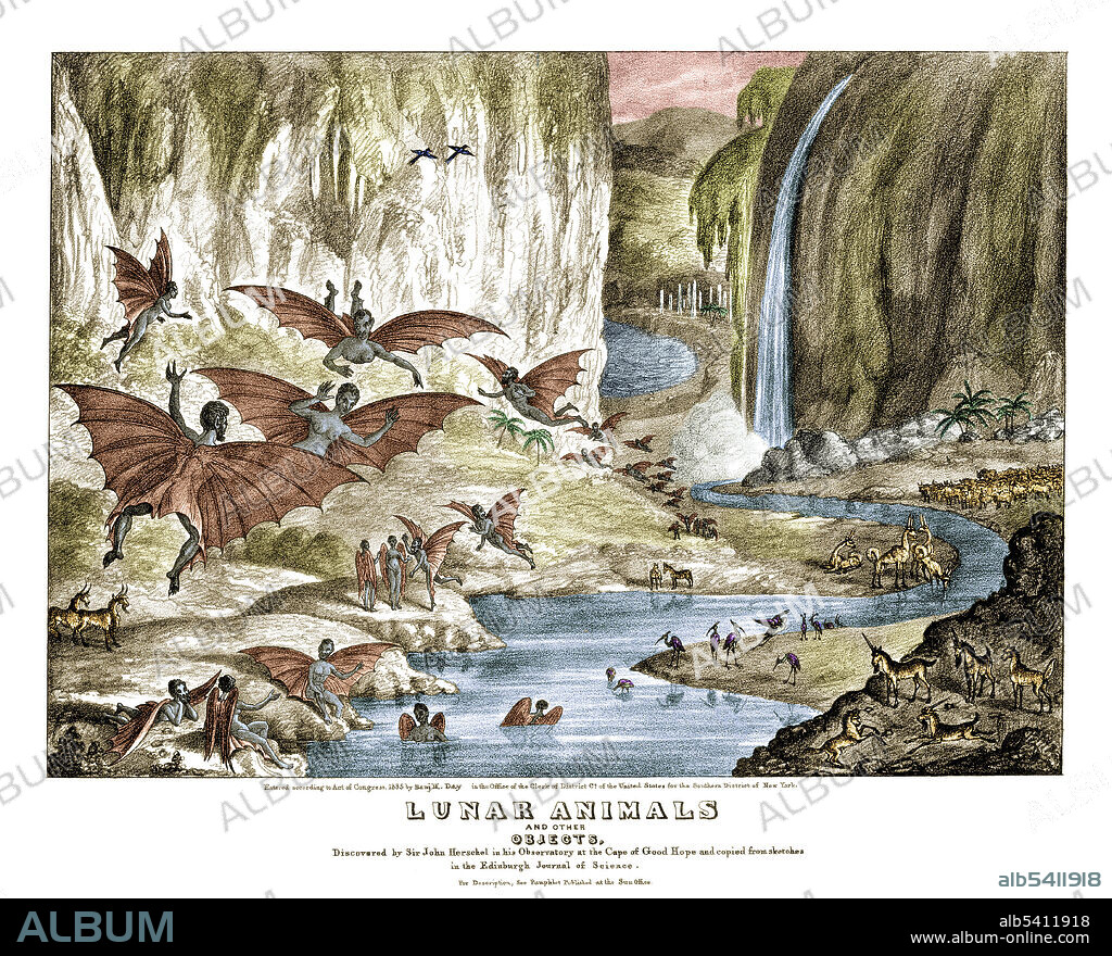 The Great Moon Hoax refers to a series of articles that were published in 1835 by The Sun, a New York newspaper, about the discovery of life on the Moon, and falsely attributed to English astronomer John Herschel. The articles described fantastic animals, including unicorns and bat-like winged humanoids (Vespertilio-homo) who built temples. Authorship of the articles has been attributed to Richard Adams Locke.