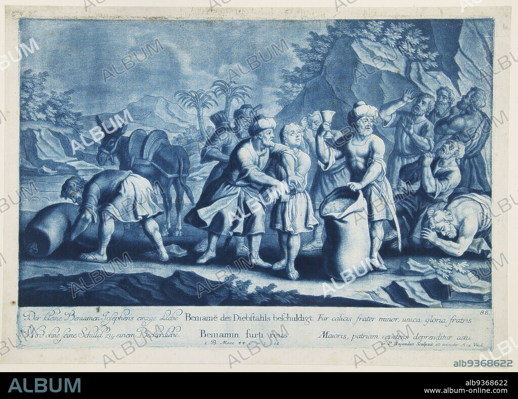 Story of Joseph, Plate 88, Georg Philipp Rugendas I, German, 1666-1742, Mezzotint in blue ink, 10 3/4 × 15 1/4 in., 27.3 × 38.7 cm.