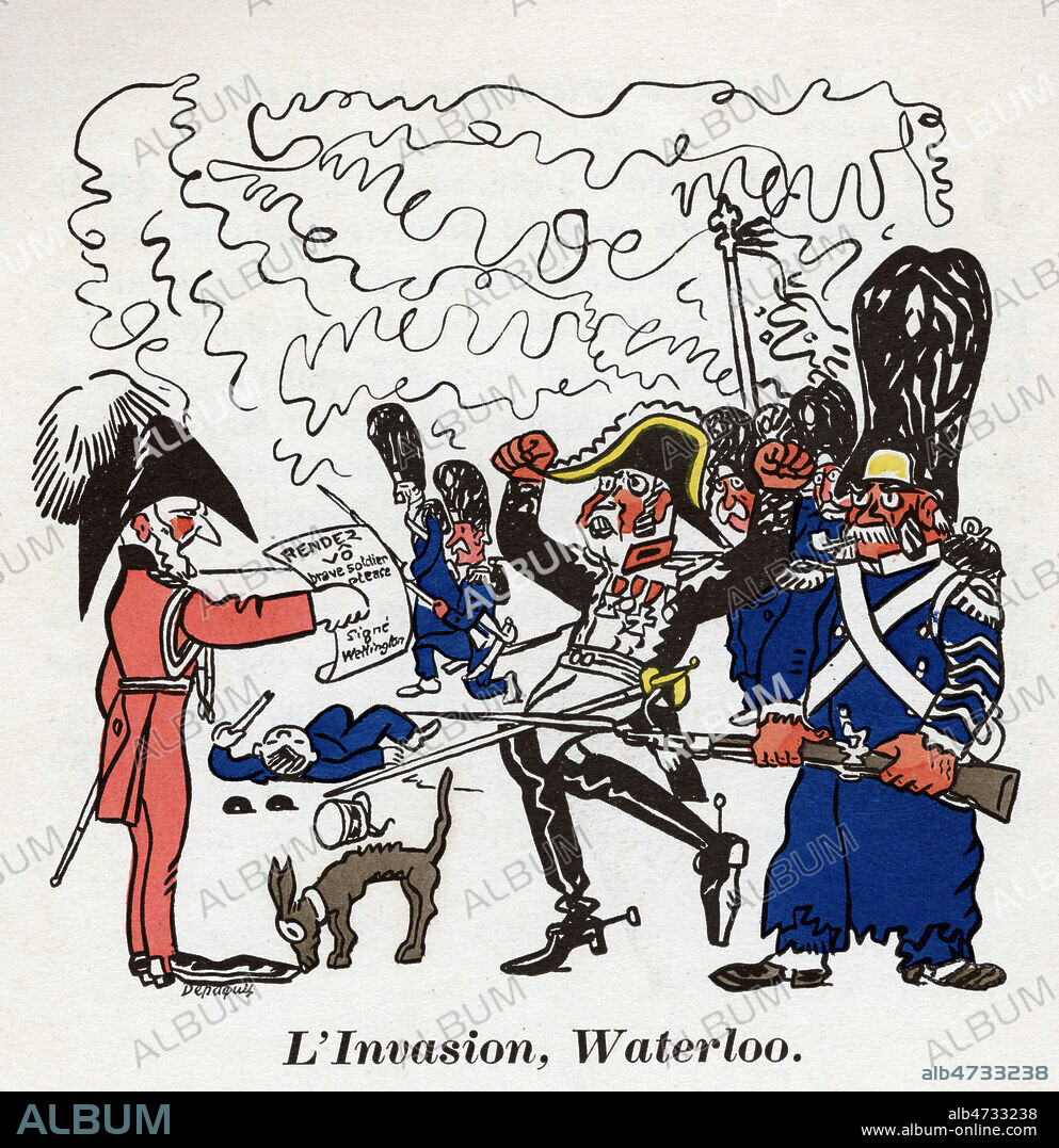 Le general CAMBRONNE (1770-1842) criant son Merde a la demande de reddition de WELLINGTON (1769-1852) pendant la bataille de Wateloo. Illustration de Jules DEPAQUIT (1869-1924) pour son ouvrage paru en 1928 : Histoire de France pour les momes par Jules Depaquit maire de la Commune Libre de Montmartre. Credit : Coll. Jonas/KHARBINE-TAPABOR.