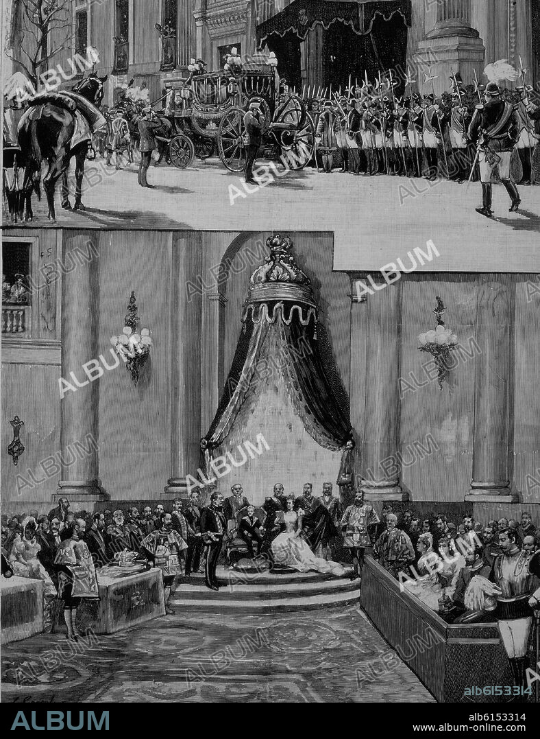 JUAN COMBA GARCIA (1852-1924). LA REINA REGENTE MARIA CRISTINA Y SU HIJO ALFONSO XIII LEYENDO EL DISCURSO EN LA APERTURA DE CORTES DE 1893 - ILUSTRACION ESPAÑOLA Y AMERICANA - XIX.