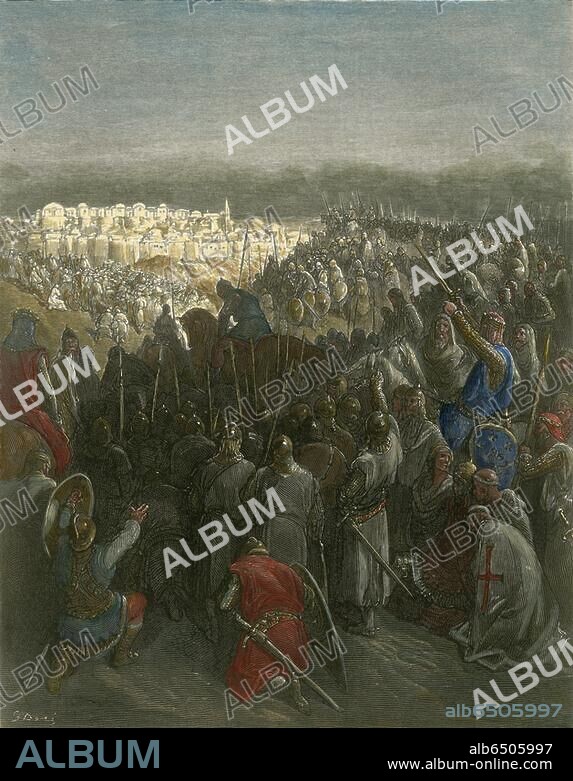 Erster Kreuzzug 1096-99 / Eroberung von Jerusalem durch die Kreuzfahrer unter Gottfried von Bouillon, 15.Juli 1099.-"Enthousiasme des croisés (...)".-(Begeisterung unter den Kreuzfahrern beim Erblicken von Jerusalem). Holzstich nach G.Doré (1832-83). Aus: J. Michaud, Histoire des croisades, Paris, 1877, Bd.1. Spätere Kolorierung.