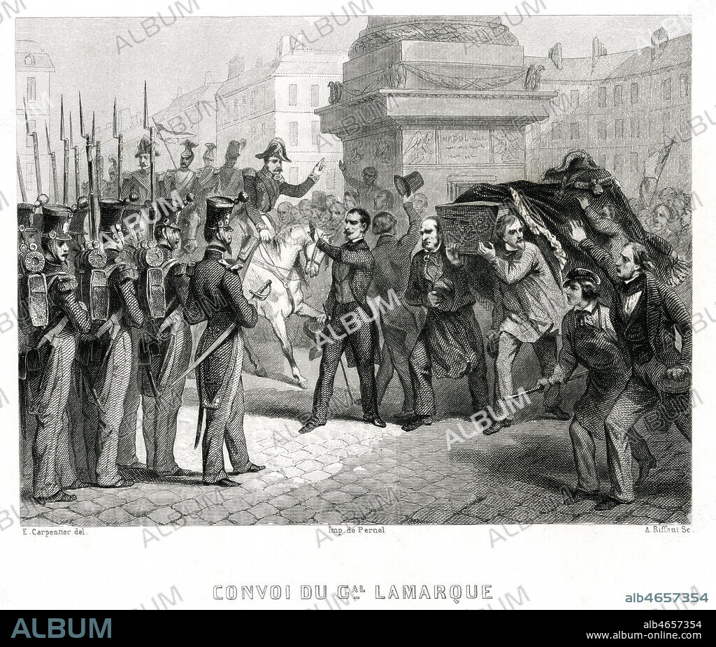 Manifestation republicaine lors du convoi funeraire du general LAMARQUE (1770-1832). Le cercueil porte par le general LA FAYETTE, le marechal CLAUSEL, M. LAFITTE et MAUGIN fait le tour de la Colonne Vendome et il est demande aux gardes de rendre les honneurs militaires au defunt .Illustration de 1852 par E. CARPENTIER pour Histoire de Louis Philippe par Alexandre DUMAS (1802-1870) . Credit : Coll. Jonas/KHARBINE-TAPABOR.