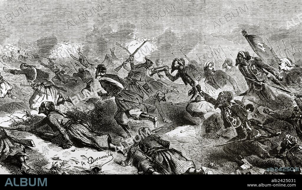 Turkish troops. Battle of Turbigo (Italy) (3 june 1859). Battle of the Second Italian War of Independence. Franco-Piedmontese troops crossed the Ticino. Engraving by Dumont. El Album de las Familias, 1859.