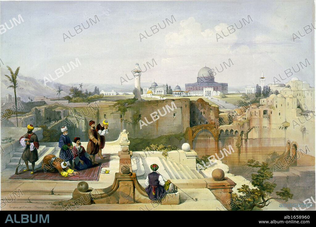 Mosque of Omar, shewing the site of the Temple' c1840. After David Roberts (1796-1864) Scottish Artist. Muslim men at prayer on prayer rugs, guarded by man with gun. Palestine Jerusalem Ruin Religion Islam.