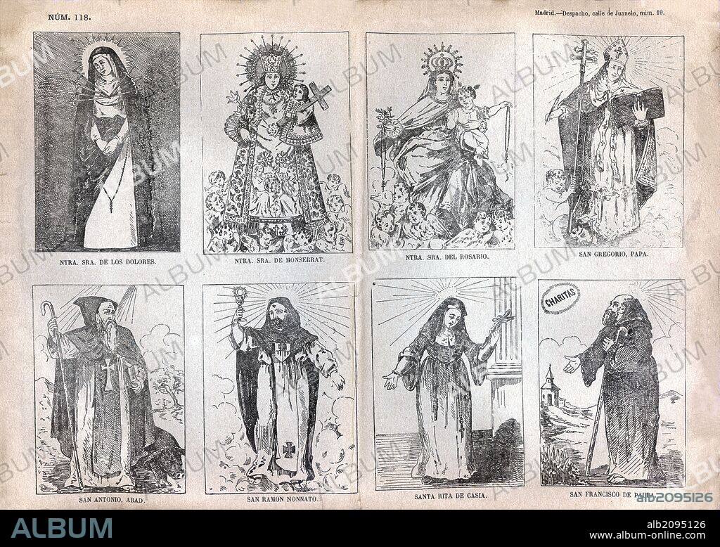 Estampería popular. Lámina nº 118 con imágenes religiosas de santos editada en Madrid, Despacho calle de Juanelo, 19. año 1870.