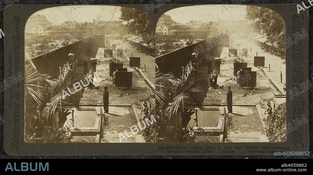 Hindu burning place, S. from near Malabar Hill - cremating the dead Bombay, India. The Underwood Travel Library: Stereoscopic Views of India. c. 1903. Photograph. Source: Photo 181/(5). Language: English.