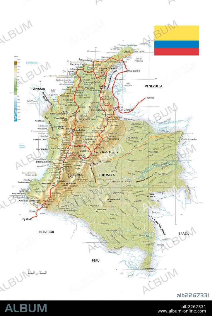 COLOMBIA. Mapa físico y político de Colombia.