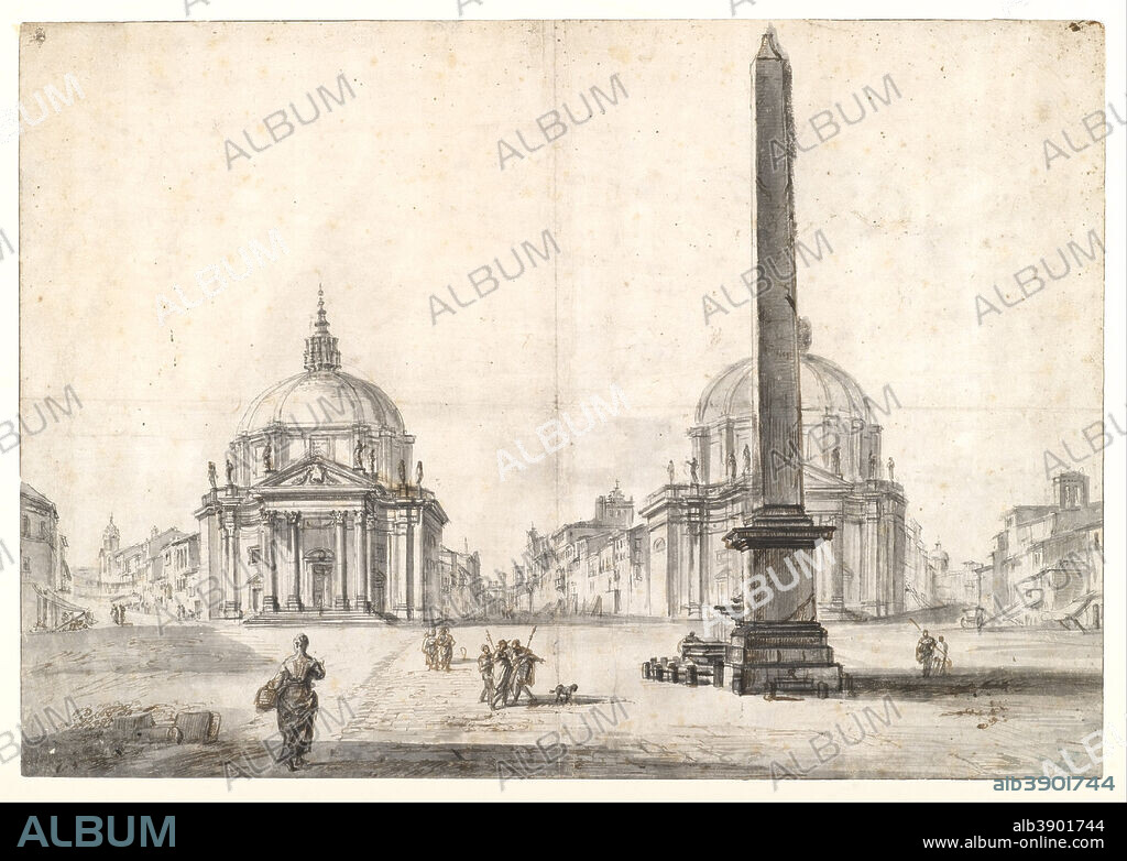 JEAN-BAPTISTE LALLEMAND. Piazza del Popolo, Rome. Date/Period: Ca. 1754. Drawing. Pen and ink, brush and gray wash, charcoal on cream laid paper.