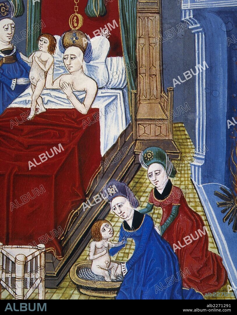 Queen Olympias (wife of King Philip II of Macedon) giving birth to Alexander the Great on July 20, 356 BC in Pella. Miniature, 15th century. "The facts of Alexander the Great". Conde Museum. Chateau of Chantilly. France.