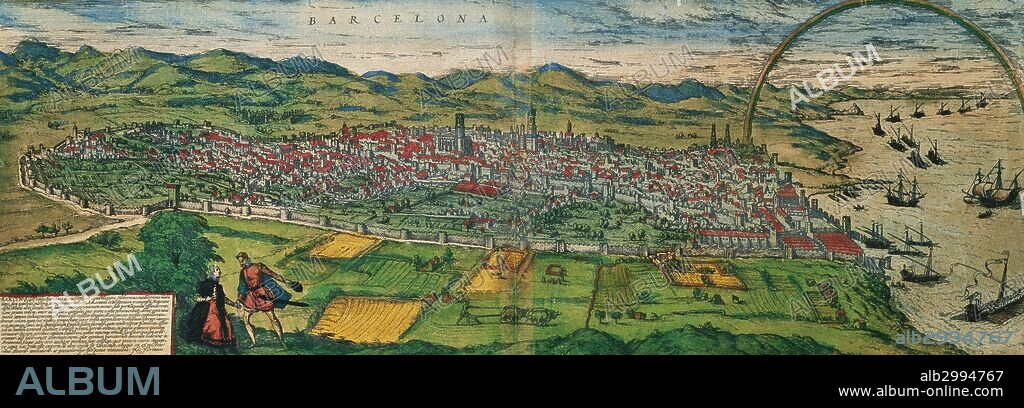 Plano de "BARCINO", BARCELONA (1576). Ilustración de la obra "Civitates Orbis Terrarum" de G. Braum y F. Hogenberg. Biblioteca de la Universidad de Salamanca. Castilla-León. España.