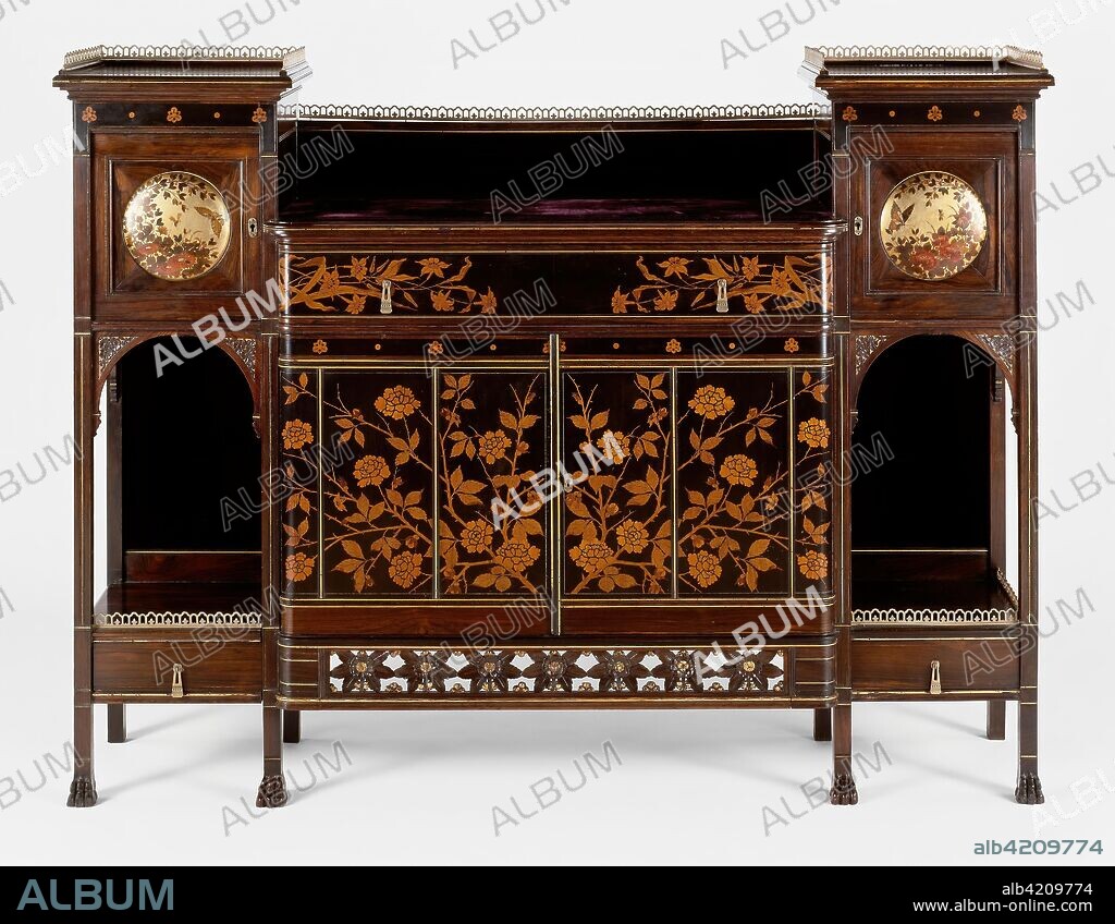 Cabinet. Herter Brothers; American, 1864-1906; New York, New York. Date: 1878-1880. Dimensions: 134.6 × 180.3 × 40.6 cm (53 × 71 × 16 in.). Rosewood with ebonized cherry, maple, walnut, satinwood, marquetry of various woods, brass, gilding, and paint. Origin: New York City.