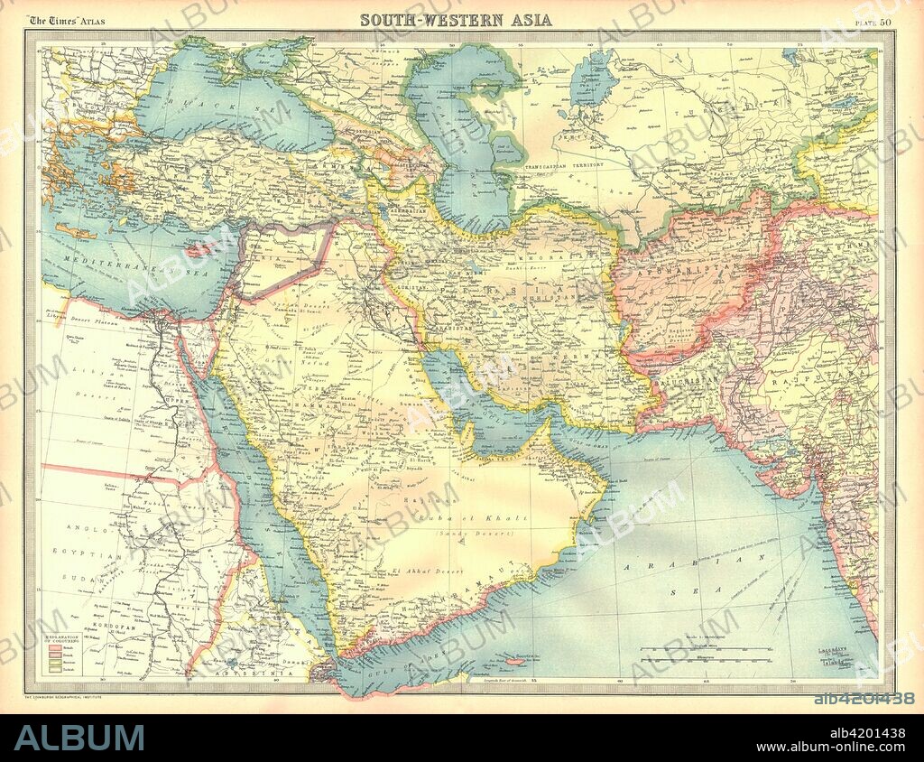 Political map of South Western Asia. Map of the Near and Middle East, showing parts of East Africa and the Arabian Peninsula. Plate 50 from The Times Atlas.