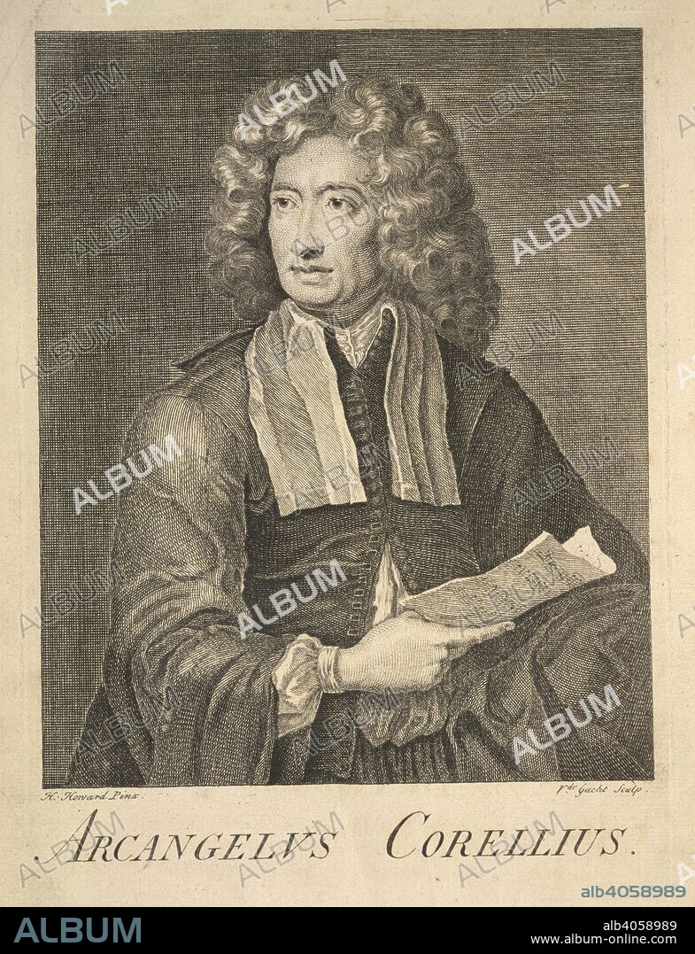 ARCANGELO CORELLI (COMPOSITEUR). Portrait of Arcangelo Corelli (1653 - 1713). Italian violinist and composer of the Baroque era. The Score of the Four Operas, containing 48 Sonatas ... for two Violins and a Bass. (The Score of the Twelve Concertos, etc.) The Whole Revis'd and Carefully Corrected by Dr. Pepusch. London : Printed for I. Walsh, [1735?]. Source: g.39.b frontispiece.