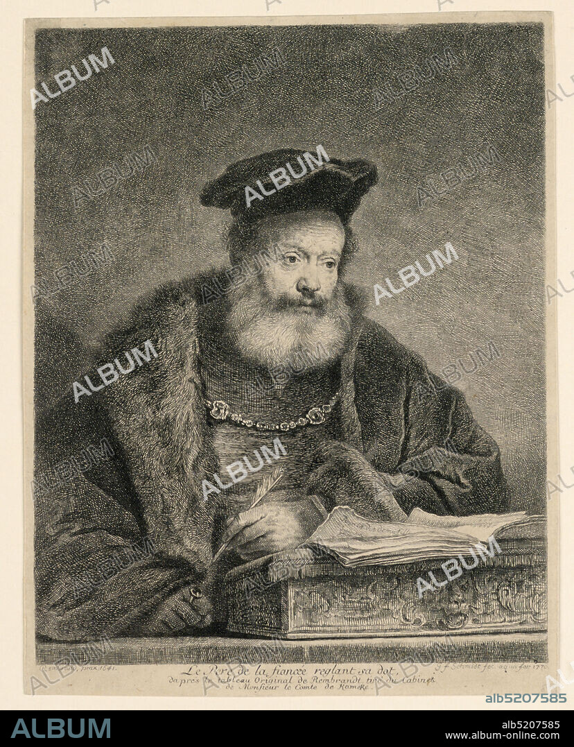 The Father of the Jewish Bride, Georg Friedrich Schmidt, French school, 1712 - 1775, Rembrandt Harmensz van Rijn, Dutch, 16061669, Etching on paper, An old bearded man in frontal view, slightly turned to right. Inscribed, lower left: 'Rembrandt pinx 1641'; lower center: 'Le Pere de la fiancée reglant sa dot, d'aprés le tableau original de Rembrandt tiré du Cabinet e Monsieur le Comte de Kameke'; lower right: 'G. F. Schmidt fec. acqua - for. 1770.', Germany, 1770, Print, Print.