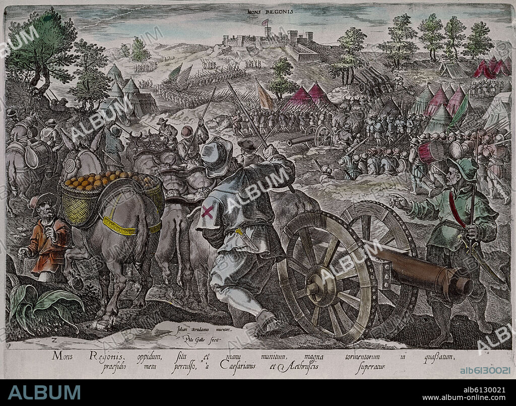 MAERTEN VAN HEEMSKERCK (1498-1574). VICTORIAS DE CARLOS V - BATALLA DE MONS REGIONIS - GRABADO DEL SIGLO XVI.
